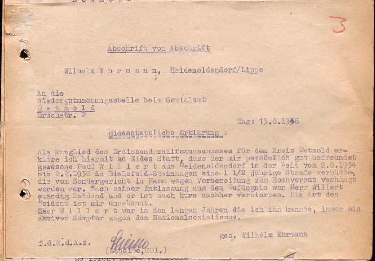 Abschrift der eidesstattlichen Erklärung von Wilhelm Ehrmann an die Wiedergutmachungsstelle beim Sozialamt Detmold, 13. August 1948 (LAV NRW OWL D1 BEG Nr. 5298)